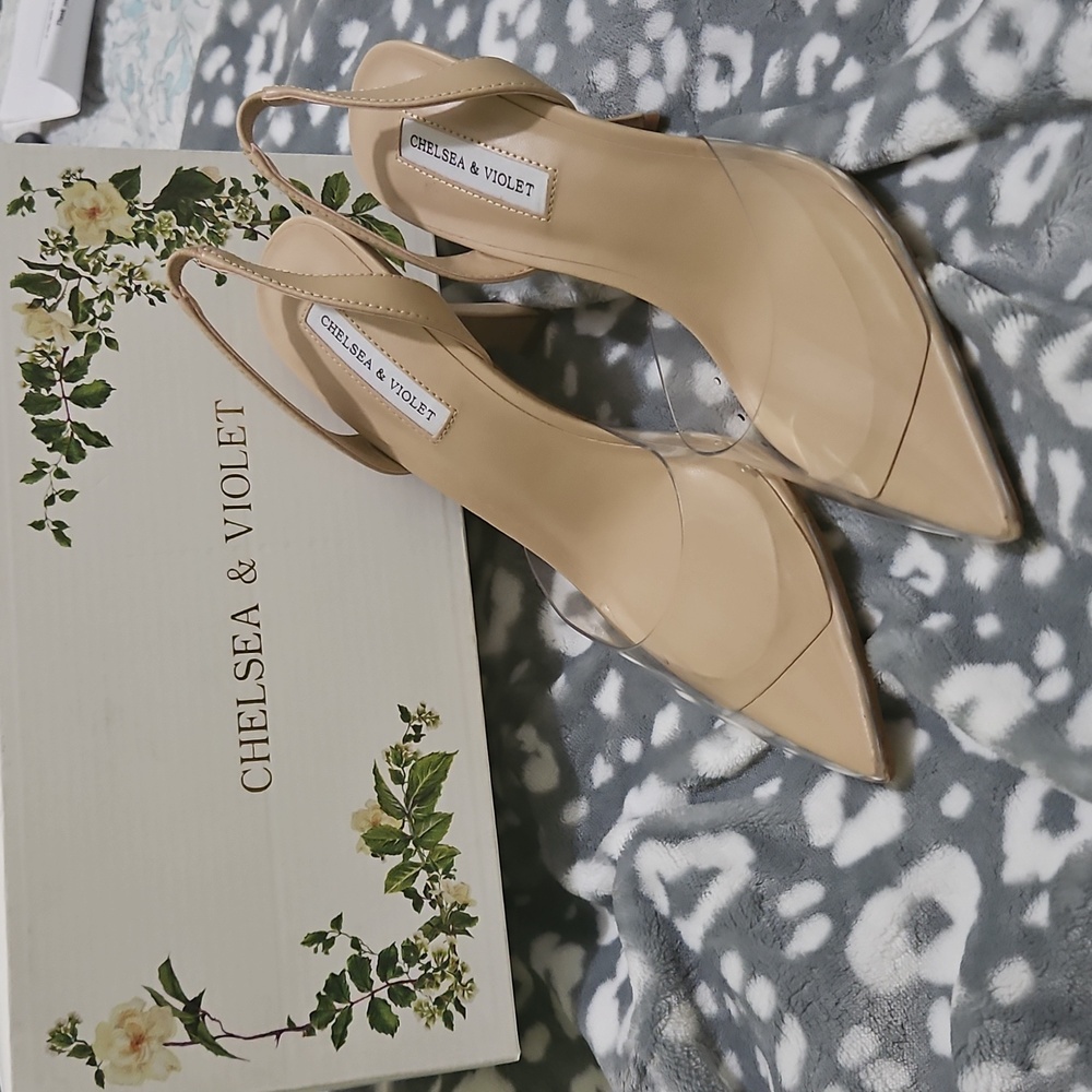 Chelsea & Violet Transparent and Tan Slingback Heels